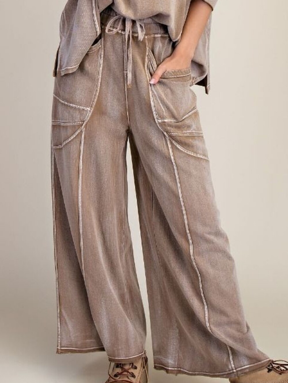 275 | Mineral Wash Terry Contrast Stitch Wide Leg Pant - Camel